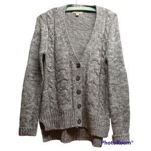PINK ROSE CARDIGAN SWEATER, SIZE S, GRAY/WHITE, ELBOW PATCHES